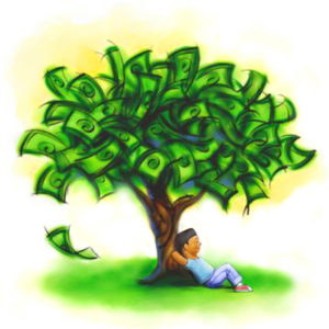 A cartoon showing a tree with dollars for leaves.