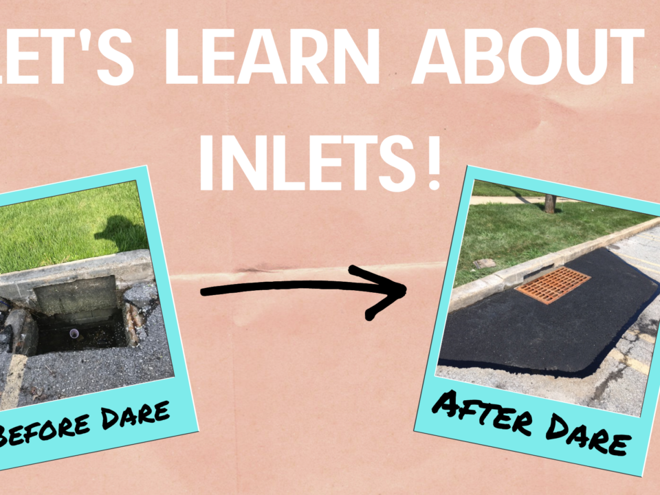 Let's Learn About Inlets! A photo of a damaged inlet with, "Before Dare" written underneath. A Photo of that same inlet after it has been repaired with, "After Dare" written underneath.