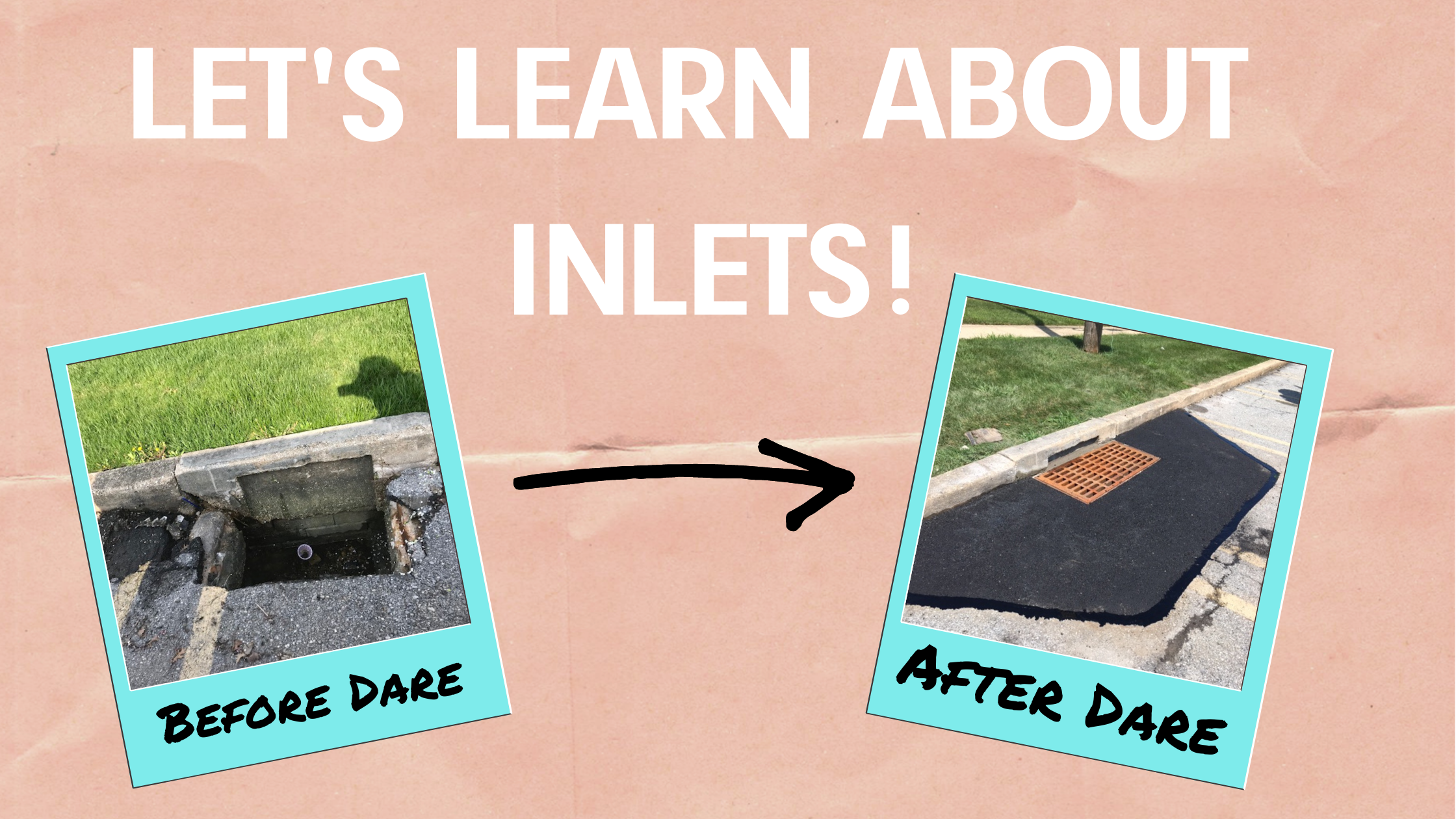 Let's Learn About Inlets! A photo of a damaged inlet with, "Before Dare" written underneath. A Photo of that same inlet after it has been repaired with, "After Dare" written underneath.