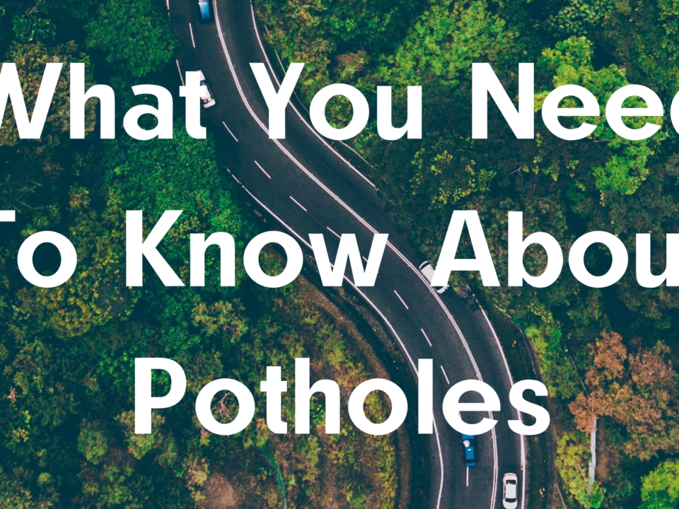 An image of a winding road with trees on either side with the text: What You Need To Know About Potholes