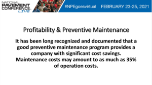 A slide from the presentation discussing profitability and preventive maintenance 