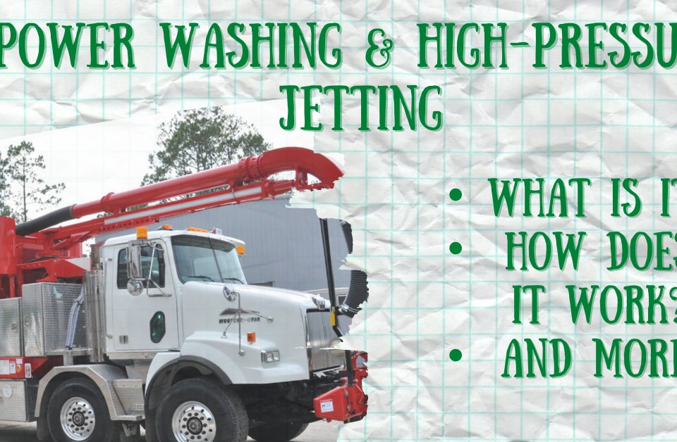 An image of a power washer truck with the text: Power Washing & High-Pressure Jetting. What is it? How does it work? And more!