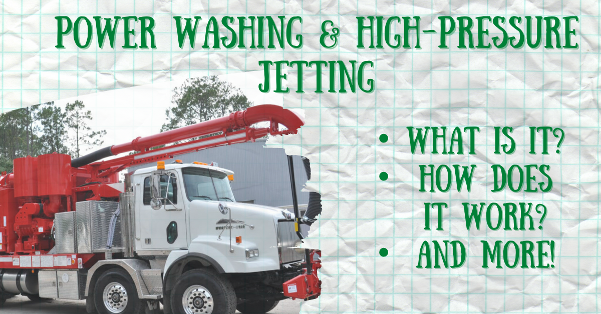 An image of a power washer truck with the text: Power Washing & High-Pressure Jetting. What is it? How does it work? And more!