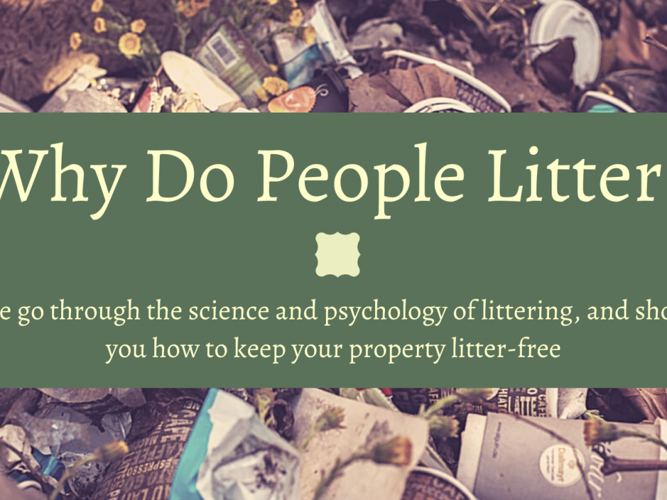 A photo of litter, with the text: Why do people litter? We go through the science and psychology of littering, and show you how to keep your property litter-free.