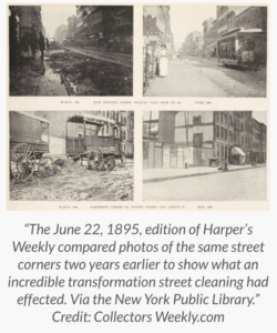 “The June 22, 1895, edition of Harper’s Weekly compared photos of the same street corners two years earlier to show what an incredible transformation street cleaning had effected. Via the New York Public Library.” Credit: Collectors Weekly.com