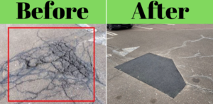 Before and After photos of a pothole repair.
