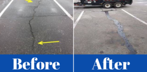 Before and after photos of crack sealing. Important to keep on top of heading into warm weather.