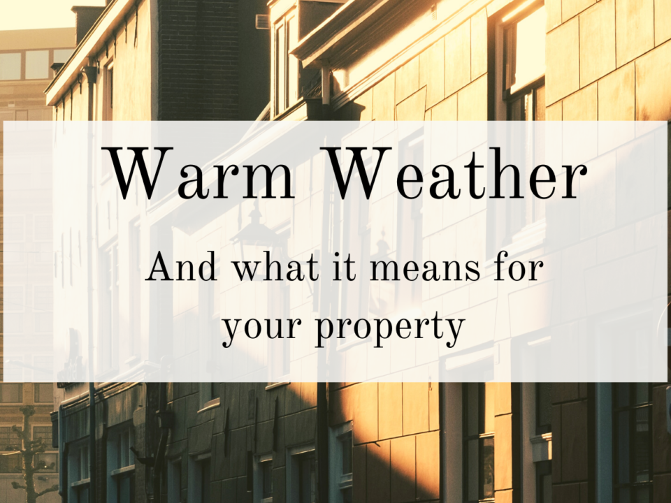 A photo of the sun shining on some buildings with the text: Warm Weather: And what it means for your property.