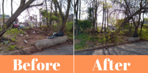 Two photos showing litter on a property before we cleaned it up and after we cleaned it up. Litter is costing you.