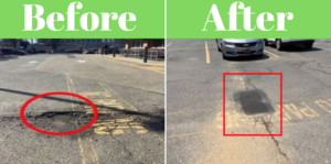 A before-and-after of a pothole we patched up.