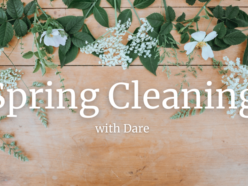 A photograph of flowers and leaves arranged on a table with the text: Spring Cleaning with Dare.
