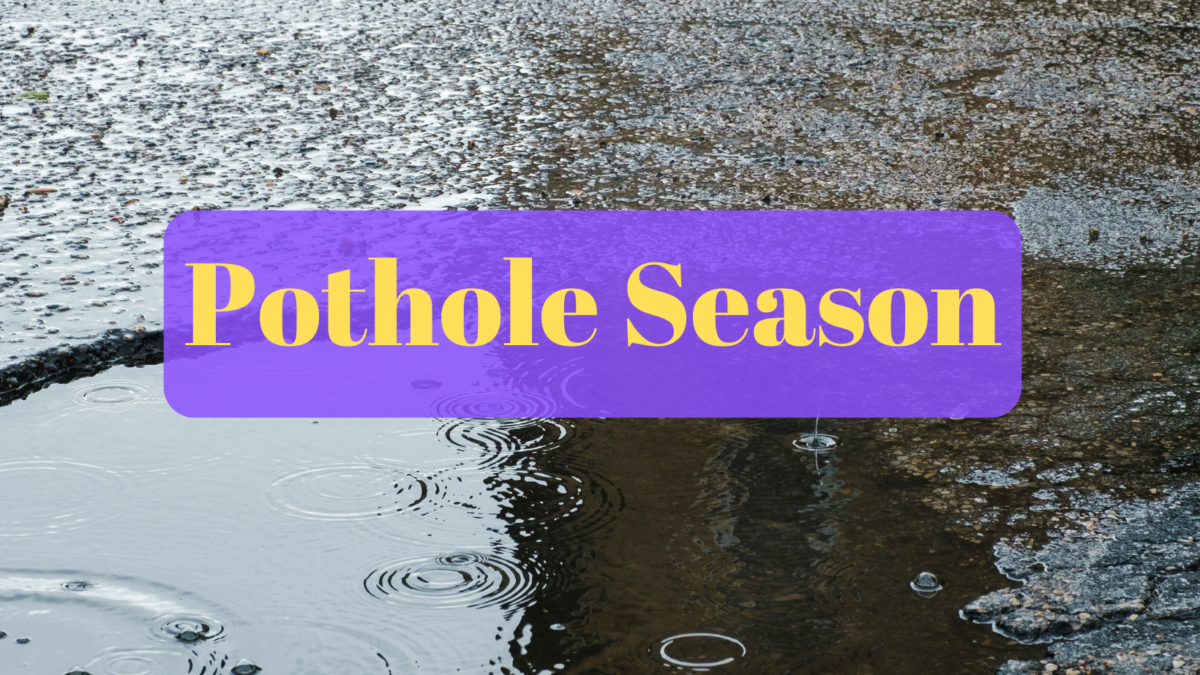 A photo of a pothole filling with rain with the text: Pothole Season.