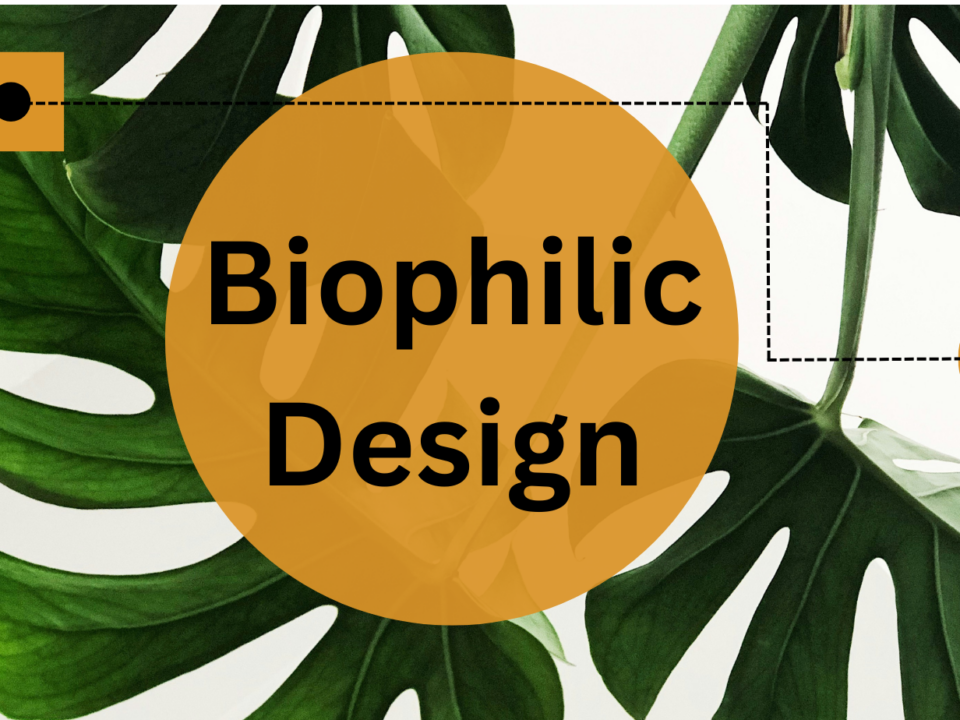 A picture of leafy greens with the text, "Biophilic Design."